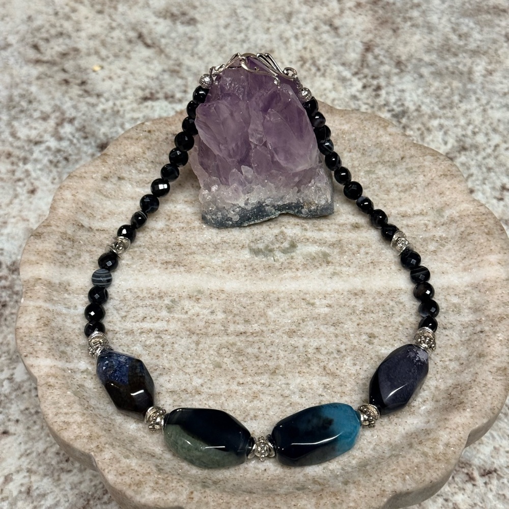 Chunky Banded Agate Statement Necklace With Silver Accents